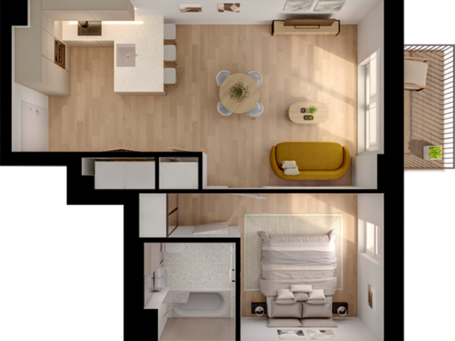 Elegant open-concept floor plan featuring a modern kitchen with island seating, cozy living area, and a spacious bedroom with adjacent bathroom.
