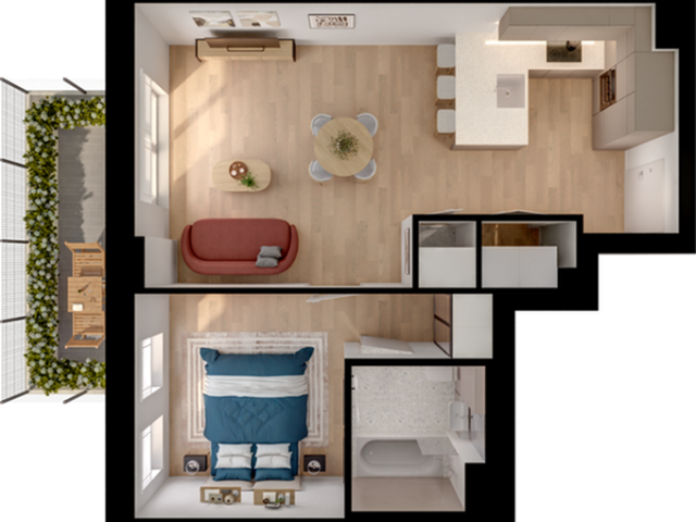 Charming floor plan of a modern one-bedroom apartment featuring an open-concept kitchen and living area, a cozy balcony with lush greenery, and a sleek bathroom.