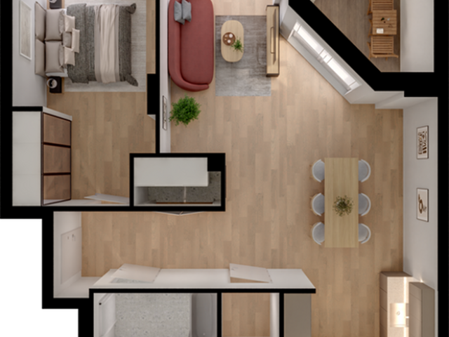 Modern apartment floor plan with 1 bedroom, stylish open-concept living and dining area, sleek kitchen, and private balcony.