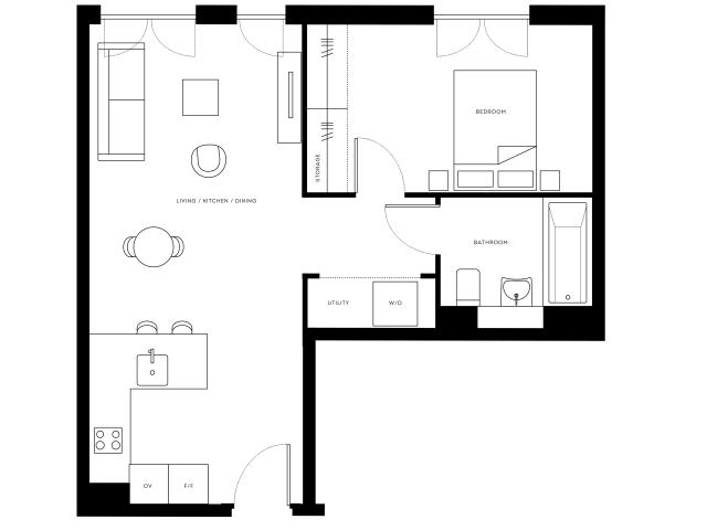 Modern floor plan showcasing 1 bedroom, open-plan living area with kitchen, dining space, utility room, and a spacious bathroom at Pearl Yard Bermondsey, 527-590 sq ft.