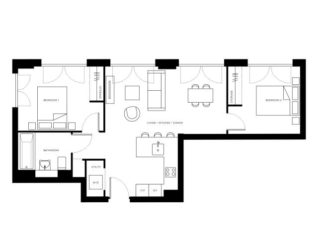 Contemporary Pearl Yard floor plan showcasing 2 bedrooms, integrated living and dining space, and modern kitchen layout in Bermondsey, 719 sq ft.