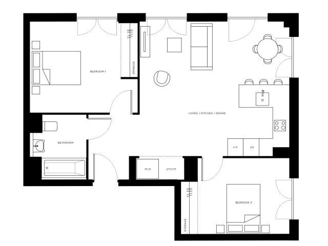 Modern Pearl Yard Bermondsey floor plan with 2 spacious bedrooms, open-concept living and dining area, and sleek kitchen in 757 sq ft space.