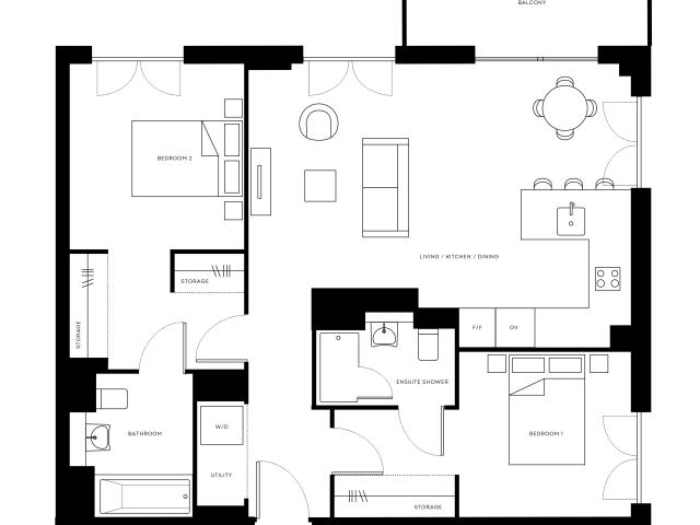 Modern Pearl Yard floor plan showcasing 2 stylish bedrooms, open living area with kitchen, and a private balcony.