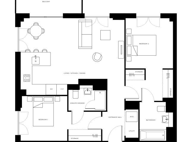 Modern floor plan of Pearl Yard Bermondsey featuring 2 bedrooms, open living/kitchen/dining area, balcony, and ensuite shower.