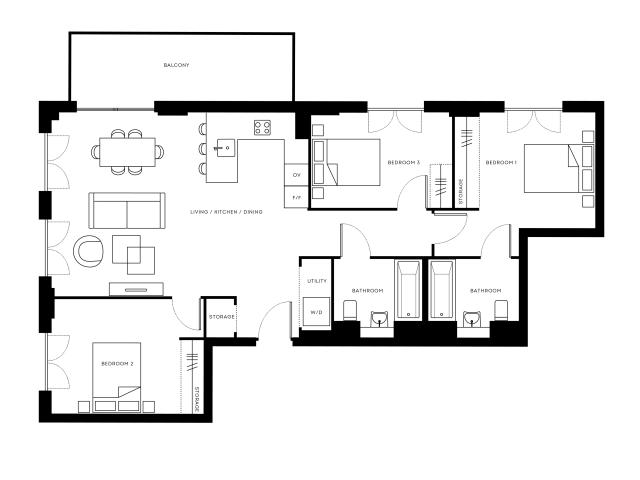 Modern apartment floor plan showcasing 3 bedrooms, an open living area, dining space, and a spacious kitchen with balcony access, located at Pearl Yard, Bermondsey.