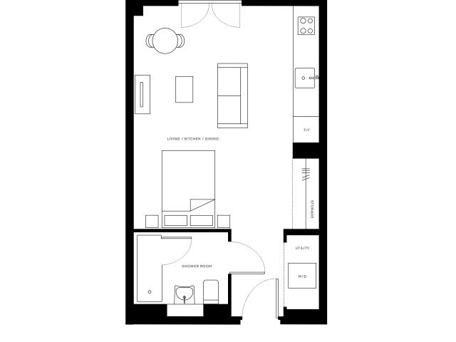 Elegant open-plan apartment layout featuring a combined living, kitchen, and dining area, a spacious bedroom, and a modern shower room in Bermondsey, 431 sq ft.