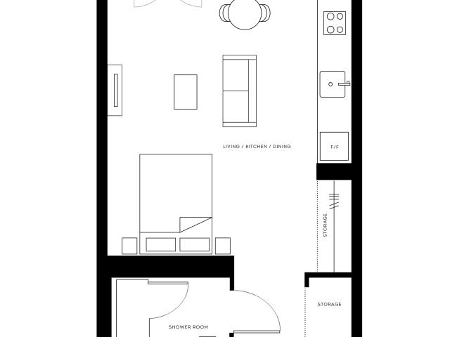 Contemporary floor plan at Pearl Yard Bermondsey featuring a spacious open-concept living, kitchen, and dining area, a cozy bedroom, balcony, and efficient storage solutions in 401 sq ft.