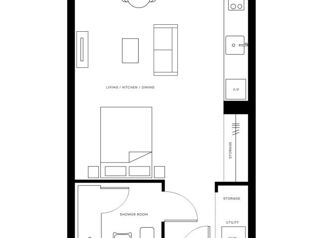 Contemporary studio floor plan showcasing an open living, kitchen, and dining area with balcony access, in Pearl Yard development.
