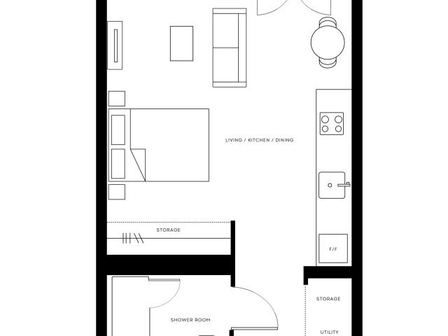 Modern floor plan of Pearl Yard Bermondsey residence featuring an open-concept living area, kitchen, dining space, and balcony, with storage and utility rooms, in a compact 401 sq ft layout.