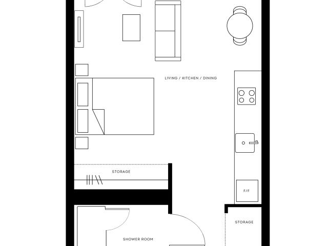 Modern studio floor plan at Pearl Yard, Bermondsey featuring an open-concept living, kitchen, and dining area, a balcony, shower room, ample storage, utility space, and 401 sq ft layout.