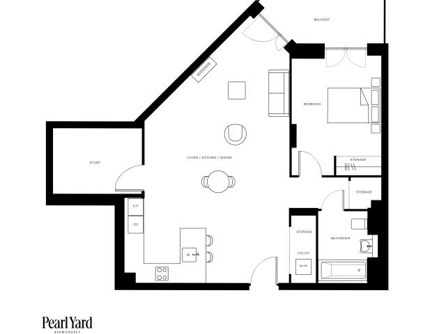 Floor plan showcasing a modern one-bedroom apartment with a spacious living/kitchen/dining area, cozy study, ample storage, and a private balcony at Pearl Yard Bermondsey.