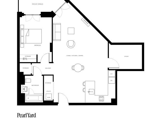Contemporary floor plan featuring a spacious living area, modern kitchen, cozy bedroom with private terrace, and versatile study room, all in a compact 757 sq ft layout.