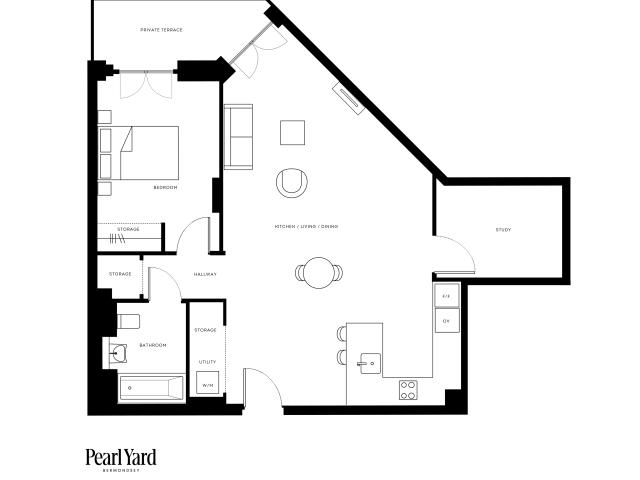Pearl Yard floor plan featuring 1 bedroom, open-concept kitchen and living area, private terrace, study, and ample storage space in Bermondsey.
