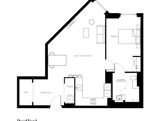 Contemporary floor plan of Pearl Yard apartment featuring one bedroom, open-plan living, kitchen, and dining area, with accessible shower room and utility storage, totaling 524 sq ft.