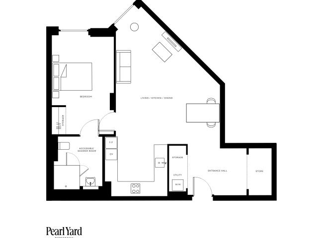 Contemporary Pearl Yard floor plan featuring a spacious bedroom, open-concept living, kitchen, and dining area, accessible shower room, utility space, and ample storage in Bermondsey, 742 sq ft.