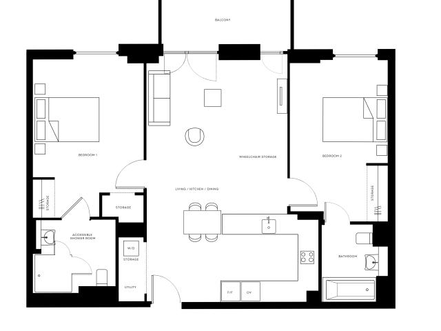 Contemporary 2-bedroom apartment floor plan with open-plan living and dining area, accessible shower room, and balcony at Pearl Yard.