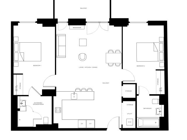 Modern floor plan featuring two spacious bedrooms, an open living, kitchen, and dining area, with a large balcony. Includes an accessible shower room, ample storage, and utility space in Pearl Yard development.