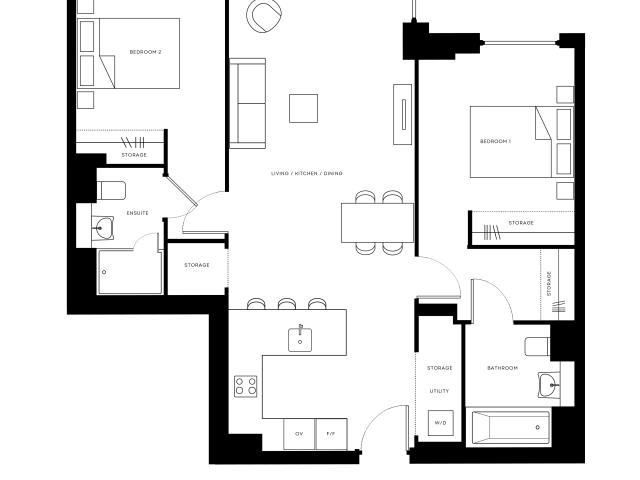 Contemporary floor plan of Pearl Yard apartment featuring 2 bedrooms, open living area, modern kitchen, and ensuite bathroom.