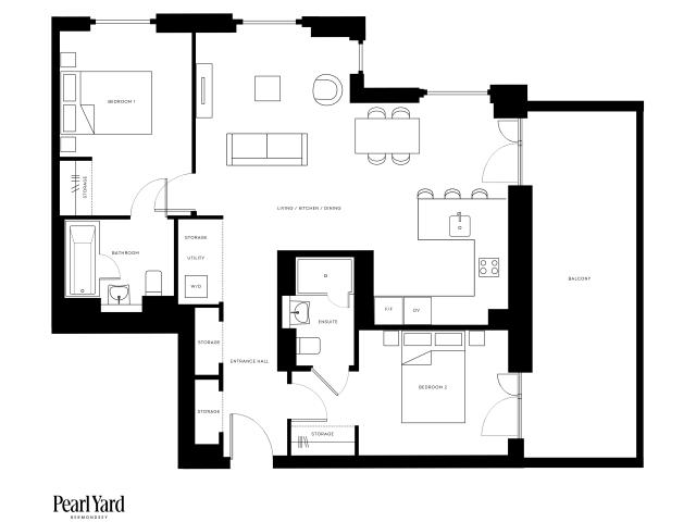 Pearl Yard floor plan featuring 2 elegant bedrooms with ensuite, spacious living and dining area, modern kitchen, utility room, and a large balcony, 858 sq ft.