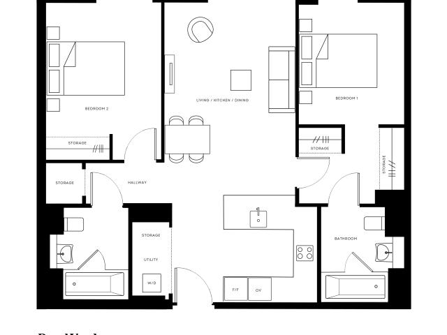 Elegant floor plan of Pearl Yard apartment featuring modern open-concept living, dining area, and kitchen, with 2 bedrooms, utility corner, and ample storage space. Perfect for comfortable urban living.
