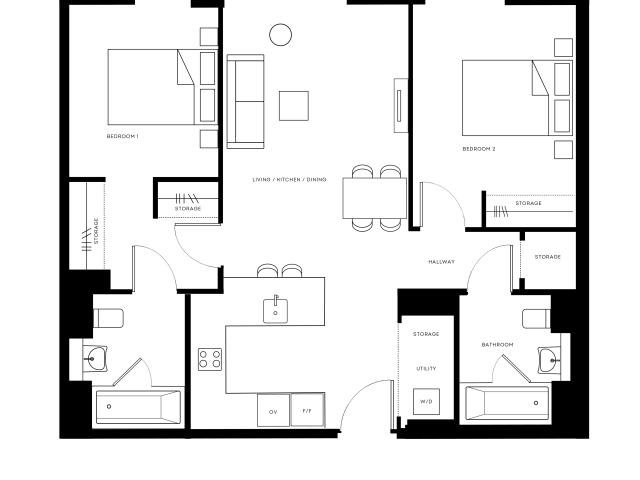 Elegant Pearl Yard floor plan showcasing 2 bedrooms, an open-concept living, kitchen, and dining area, complemented by ample storage space and a modern bathroom.