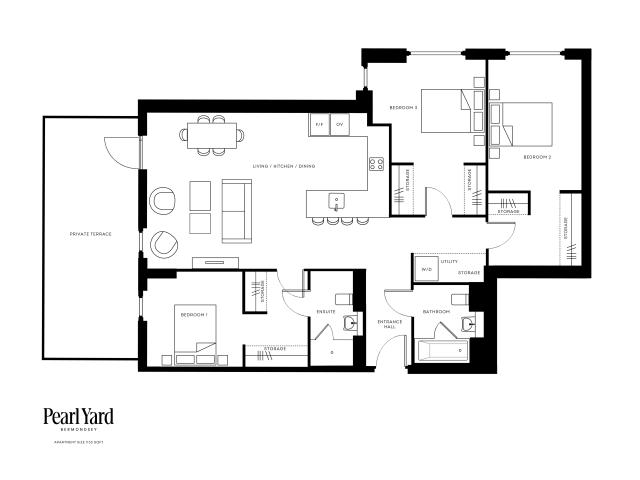 Chic floor plan of Pearl Yard featuring three bedrooms, open living area, modern kitchen, and private terrace in Bermondsey, 1185 sq ft.
