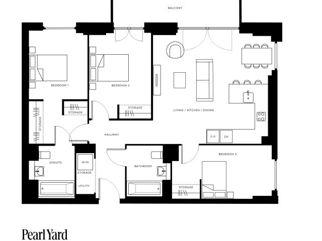 Modern Pearl Yard floor plan featuring 3 bedrooms, an inviting open-plan living, kitchen, and dining area, plus a spacious balcony. Ideal for stylish living in Bermondsey, 959 sq ft.