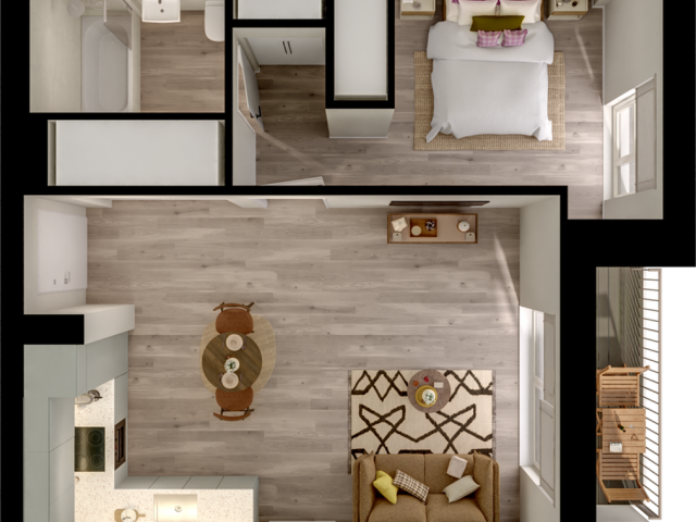 Chic apartment floor plan showcasing a spacious bedroom, modern kitchen, cozy living area, and elegant bathroom with balcony access.