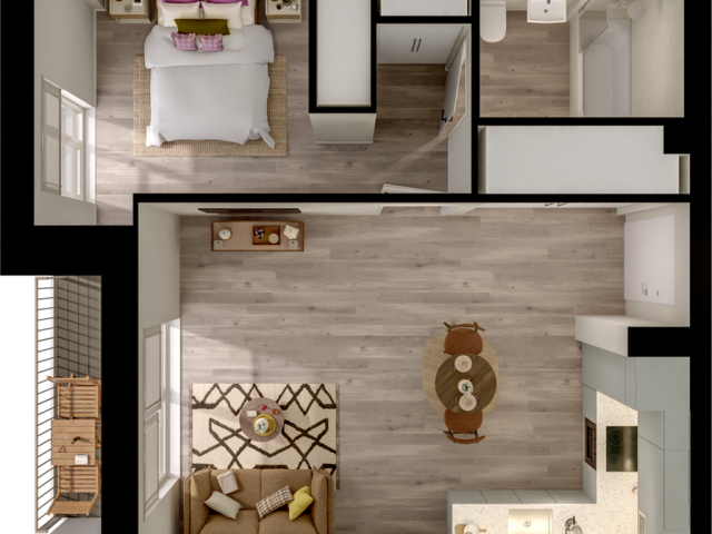 Contemporary open-concept floor plan featuring one bedroom, a modern kitchen, stylish living area, and a bathroom, perfect for urban living.