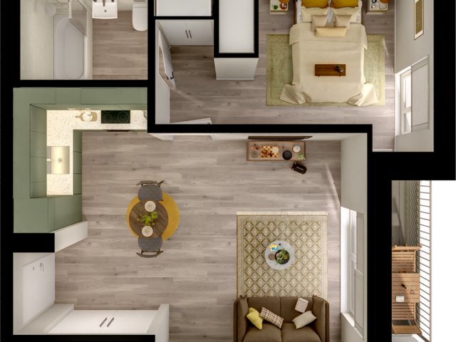 Modern floor plan highlighting a cozy one-bedroom layout with open living and dining area, stylish kitchen, and chic bathroom.