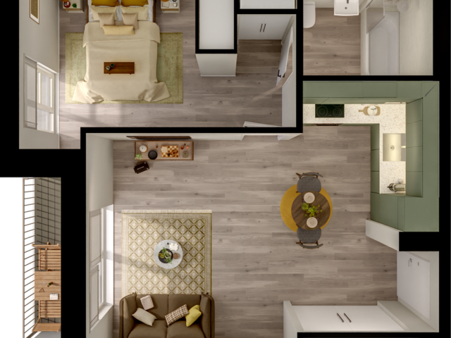 Modern apartment floor plan featuring one bedroom, cozy living area, sleek kitchen with dining space, and a stylish bathroom.