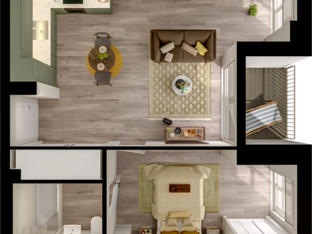 Charming 1-bedroom apartment floor plan featuring an open-concept living area, sleek kitchen, and cozy lounge space with balcony view.