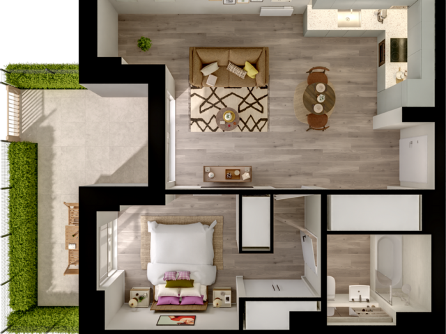 Chic 1-bedroom apartment floor plan featuring an open living area, modern kitchen, stylish bathroom, and private outdoor terrace with lush greenery.
