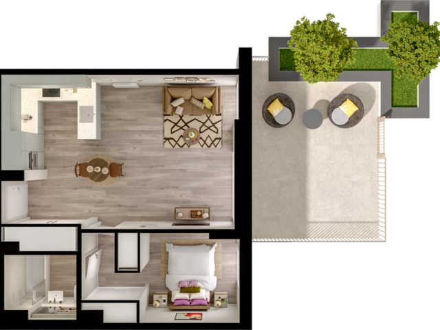 Chic 1-bedroom apartment floor plan featuring an open living area, modern kitchen, and spacious terrace with garden views.