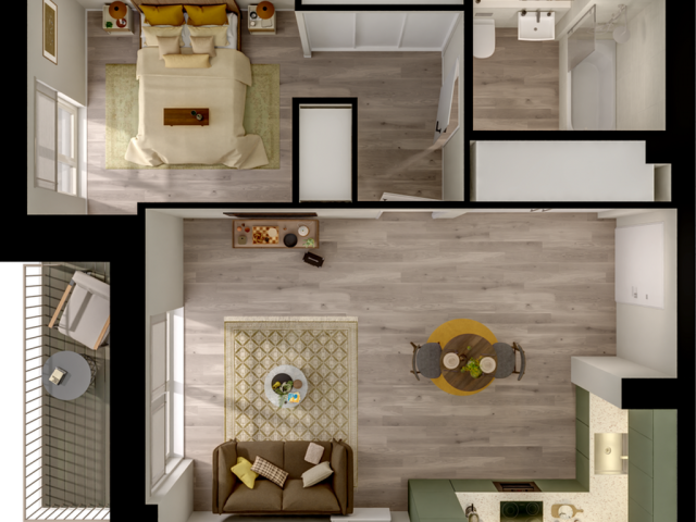 Contemporary apartment floor plan featuring a cozy bedroom, stylish open living area with a dining nook, modern kitchen with sleek cabinetry, and a well-appointed bathroom.
