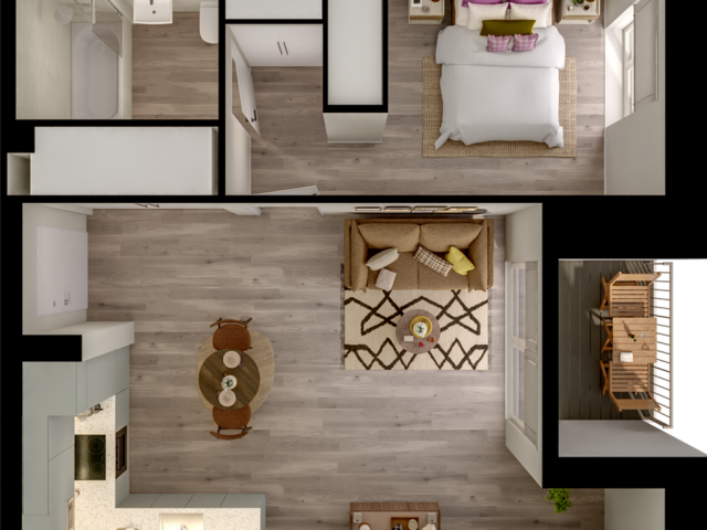 Modern apartment floor plan featuring a cozy bedroom, stylish bathroom, open-concept kitchen, and inviting living room with balcony.