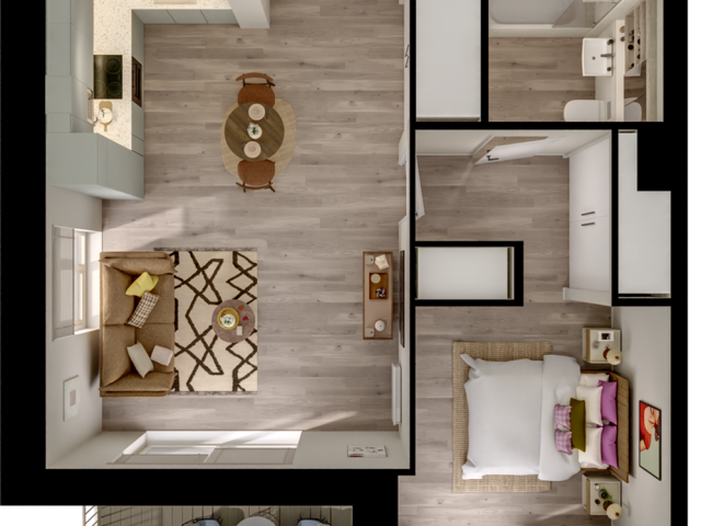 Chic floor plan featuring 1 bedroom, modern kitchen, inviting living area, elegant bathroom, and a cozy balcony space.