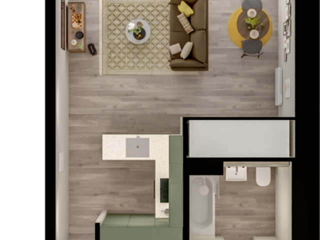 Charming floor plan showcasing a cozy bedroom, modern kitchen, inviting living room, stylish bathroom, and private outdoor patio with lush greenery.