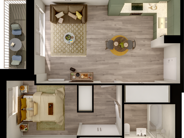 Contemporary 1-bedroom apartment floor plan with open-concept living area, stylish kitchen, and private balcony.