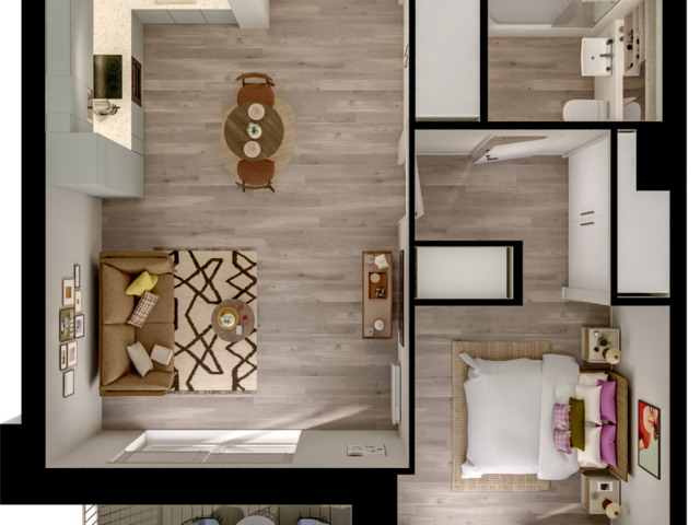 Chic apartment floor plan showcasing an elegant open-concept living area, cozy bedroom, modern kitchen, and stylish bathroom with a private balcony.