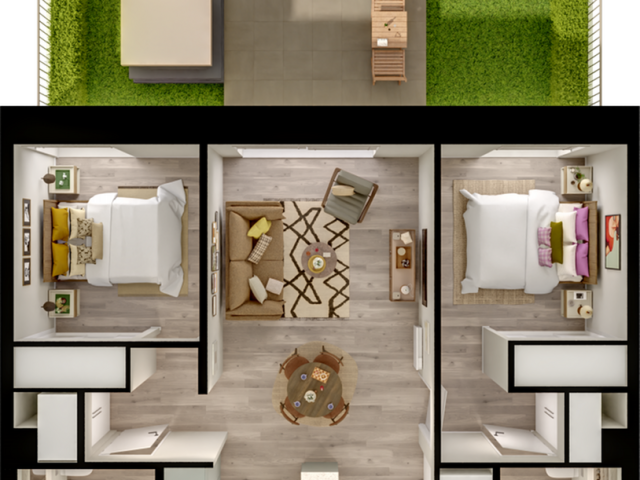 Chic floor plan showcasing 2 bedrooms, inviting living room, and modern kitchen, with an expansive outdoor patio area.