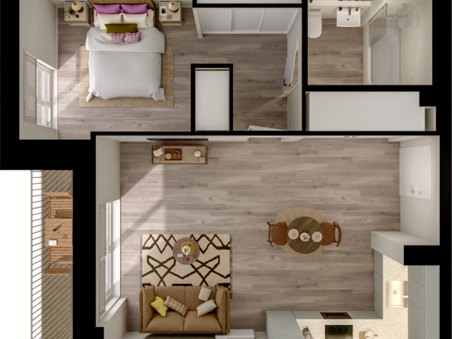Charming floor plan featuring a cozy bedroom, inviting open-concept living and dining area, sleek kitchen, modern bathroom, and a stylish balcony.