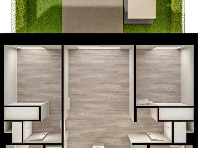 Contemporary floor plan showcasing a stylish 3-bedroom apartment with open living space and landscaped outdoor area.