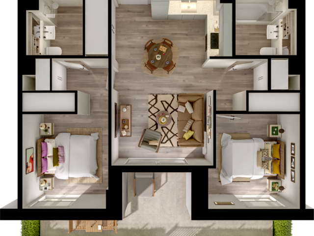Modern 3D floor plan showcasing 2 cozy bedrooms, stylish open-concept living room, contemporary kitchen, and elegant bathrooms with patio access.