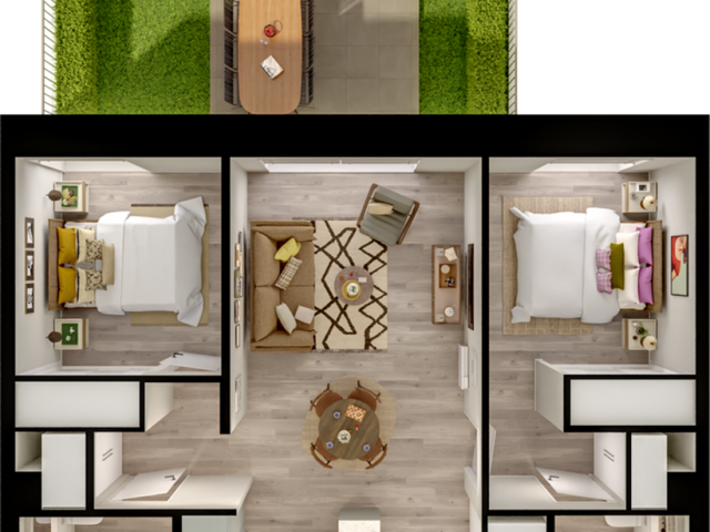 Charming 2D apartment floor plan featuring two cozy bedrooms, an open living area, and a functional kitchen, with a lush outdoor patio perfect for relaxation.