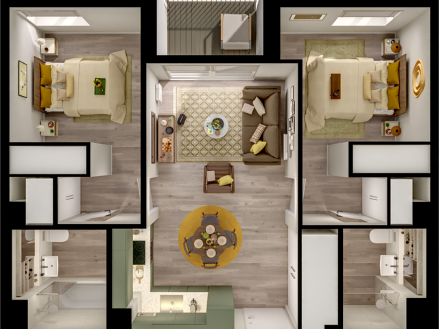 Modern floor plan showcasing two cozy bedrooms, a stylish living room, and a sleek kitchen with dining area, enhanced by elegant hardwood floors.
