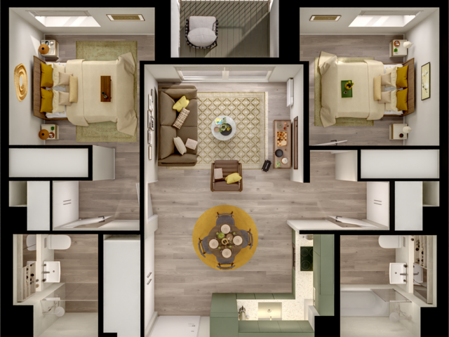 Chic floor plan highlighting 2 cozy bedrooms, an inviting open-concept living and dining area, and a modern kitchen.