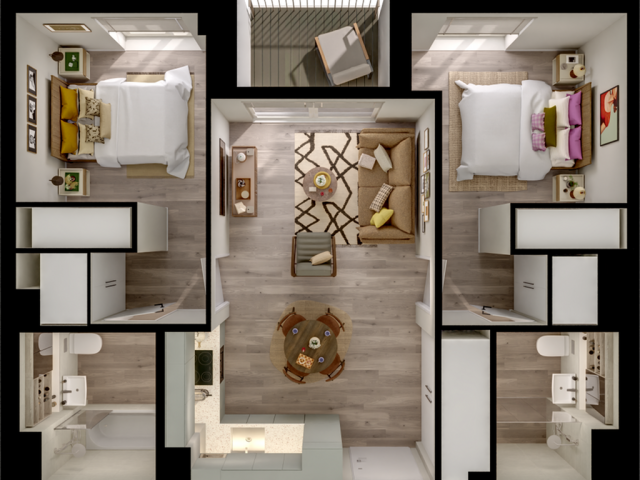 Modern 2D apartment floor plan showcasing 2 bedrooms, inviting living room, stylish kitchen, and two bathrooms with balconies.