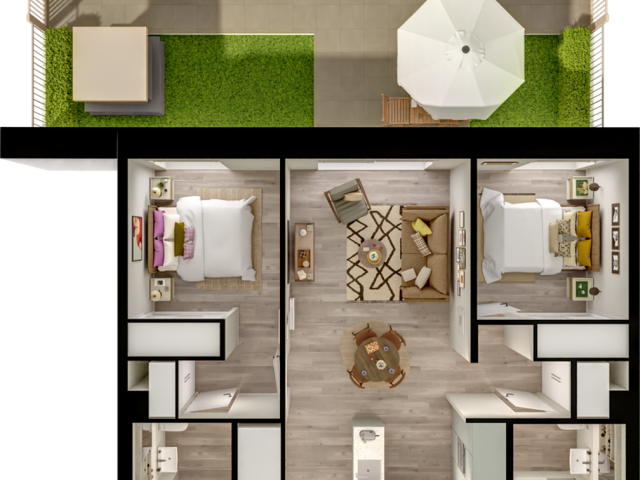 Elegant floor plan showcasing two spacious bedrooms, a cozy living room, a modern kitchen, and a private outdoor patio with greenery.