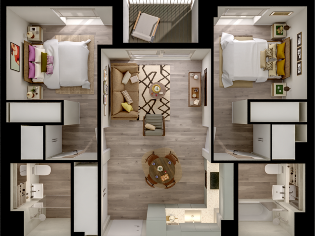 Chic 2D floor plan featuring 2 spacious bedrooms, a cozy living area, a modern kitchen, and stylish bathrooms.